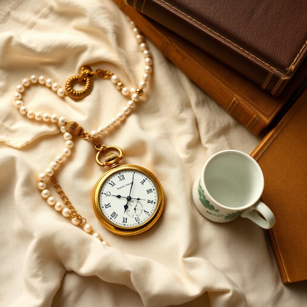 A curated arrangement of a gold pocket watch, pearl necklace, porcelain teacup, and leather-bound books on cream linen